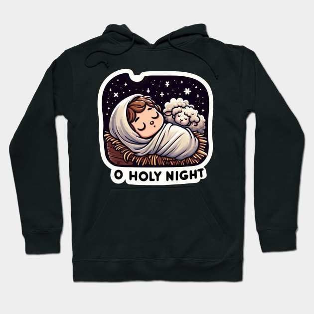 O Holy Night Baby Jesus Sleeping in the Manger with Sheep Hoodie by Plushism